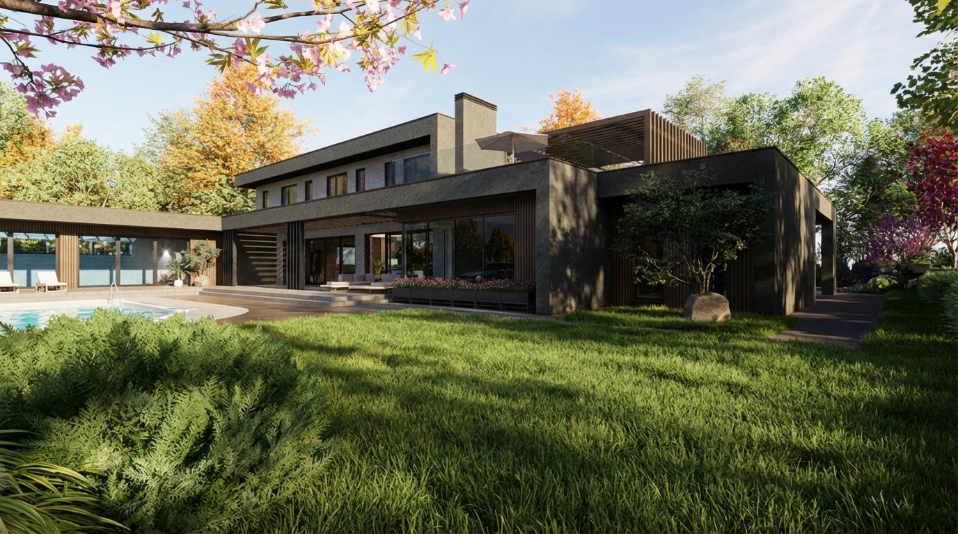 Villa Pavia — widok tylnej elewacji z ogrodem i basenem