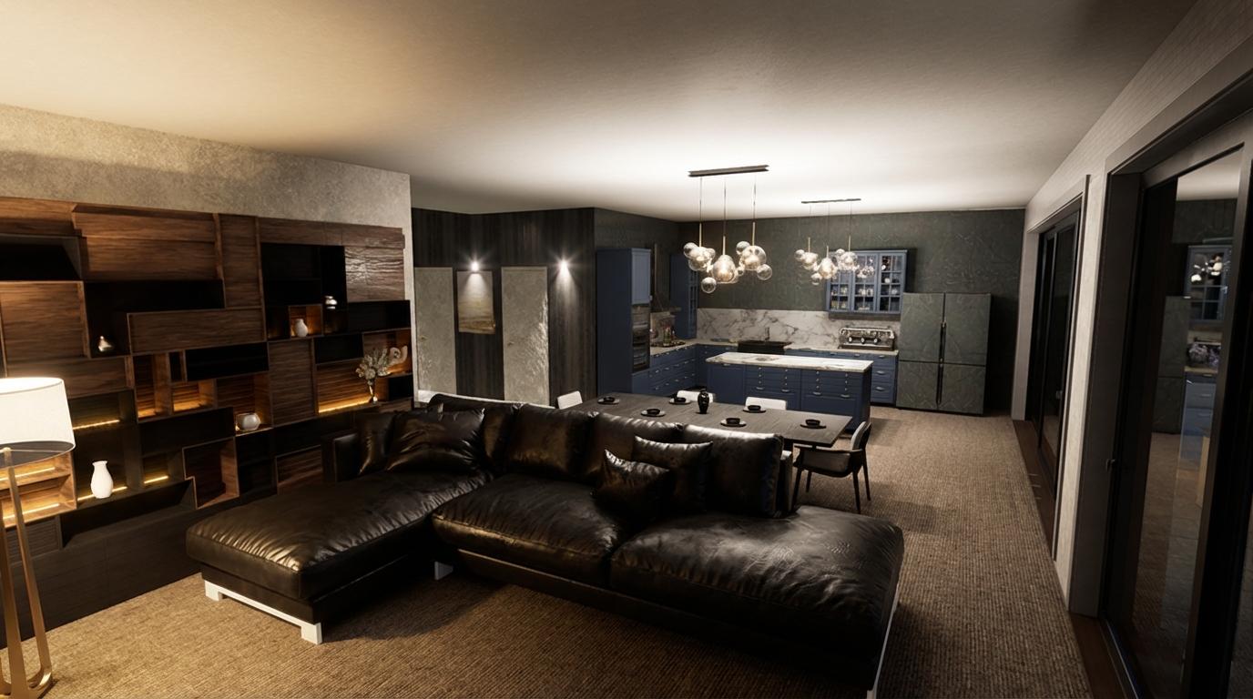 Villa Pavia — salon z czarną skórzaną sofą